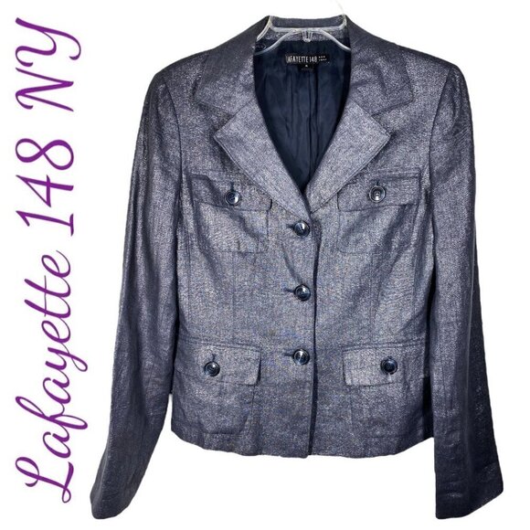 LAFAYETTE 148 NY 100% Linen Charcoal Gray Metallic Silver Blazer Jacket, Size 4 - Picture 2 of 9